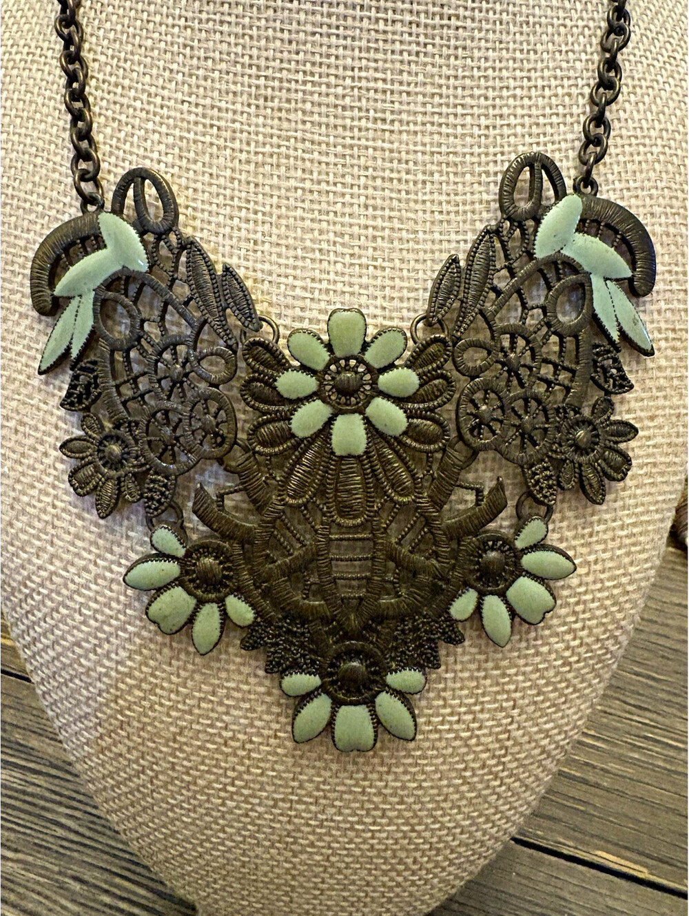 Icing Bronze Tone Floral Bib Statement Necklace green Enamel